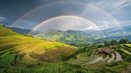 Obraz premium a double rainbow arches over terraced rice paddies in a rural landscape