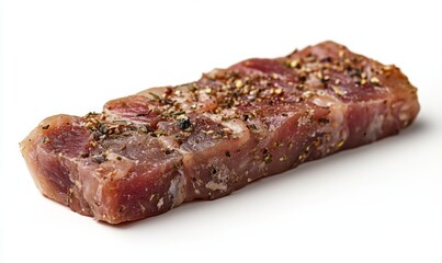 a piece of uncooked seasoned mutton steak, showing all detailed texture, no shadow, plain white background