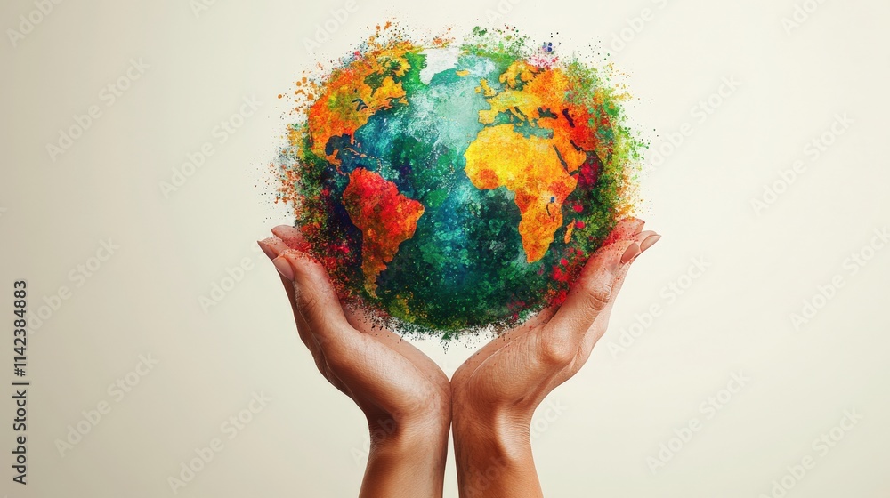 Poster hands holding a colorful, artistic representation of earth surrounded by splashes of color, symboliz