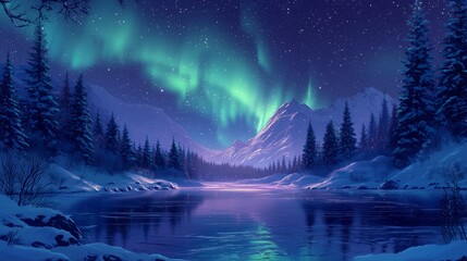 Fototapeta premium Enchanting Nighttime Sky Illuminated by the Magical Dance of the Northern Lights Over a Serene Winter Landscape with Snow-Capped Mountains