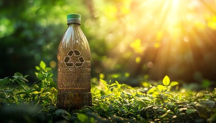 A sleek bottle with a visible recycle symbol, standing amidst a thriving green forest, with sunlight streaming through the trees, emphasizing ecofriendly living