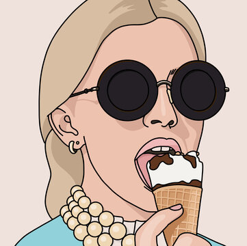 Illustration of a Woman Wearing Sunglasses Eating an ice cream