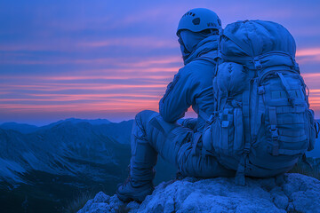 Hiker with backpack enjoys serene mountain view at sunset, embracing adventure and solitude.