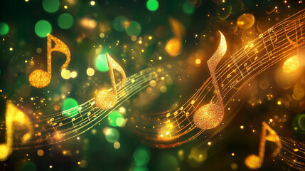 Golden Music Notes Abstract Background. Glittering musical composition on a green bokeh, perfect for music industry, audio branding, and musical events. High-resolution digital art for album covers, p