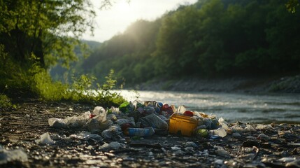 Litter and Plastic Waste Accumulated on Riverbank Surrounded by Lush Greenery Highlighting Environmental Pollution and Urgent Need for Conservation Efforts