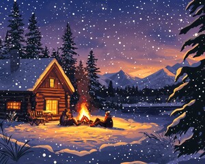 Fototapeta premium Cozy cabin scene with travelers relaxing by the fire after a day exploring a winter wonderland