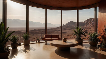 Obraz premium Minimalist Desert Living Room with Panoramic View in Modern Architectural Design