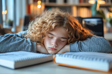 Young student asleep on desk surrounded by books, tired from studying late at night.