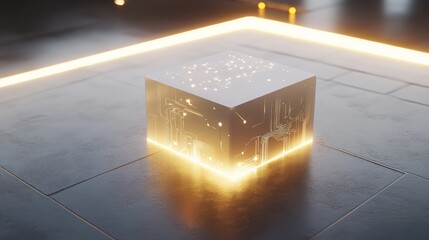 A futuristic microchip prototype displayed on a clean metallic surface, with its circuits glowing faintly under sharp lighting