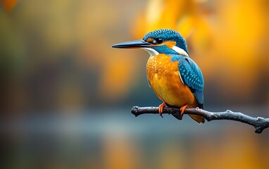 Obraz premium A vivid kingfisher sitting on a branch over still water, its bright colors contrasting with the calm environment, creating a picturesque nature moment