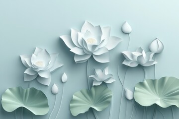Elegant paper art lotus flowers and leaves on light blue background.
