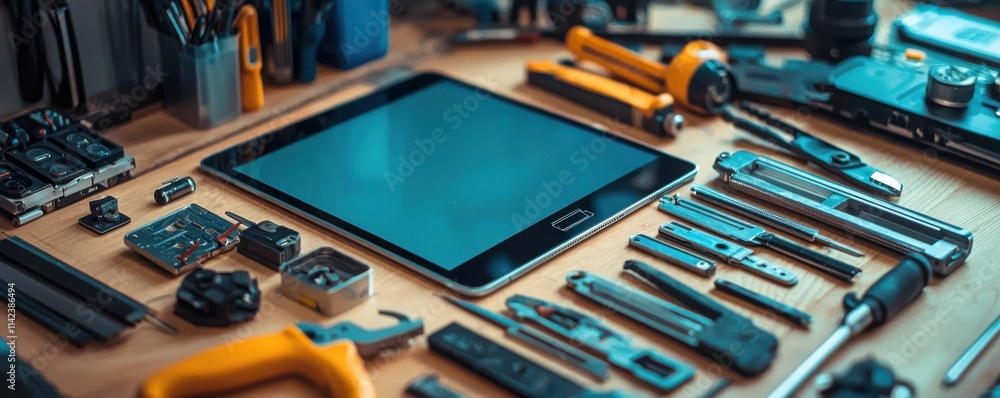 Poster a collection of tools arranged around a tablet on a workbench, showcasing a blend of technology and 