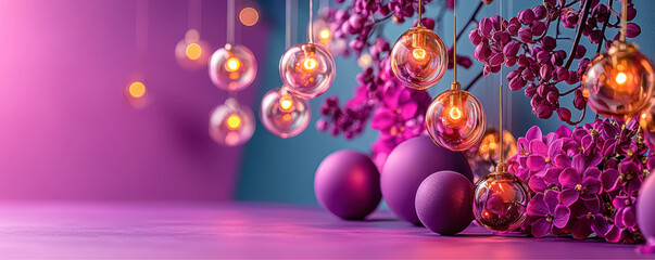 Hanging golden glass lamps and purple flowers in soft lighting
