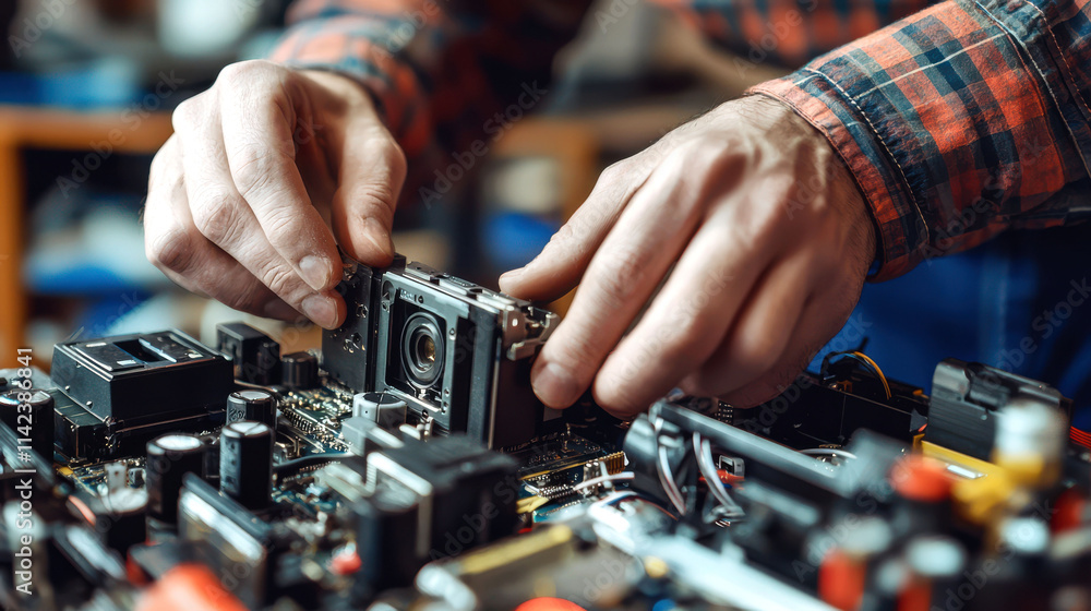 Poster a person is repairing electronic equipment, focusing on intricate components and utilizing precise h