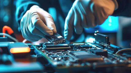 A technician in gloves works on a circuit board, highlighting precision and technology in a vibrant, illuminated environment.