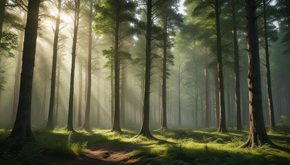 A beam of sunlight illuminates a stand of tall trees in a lush green forest, highlighting their vertical lines and textures, green forest, natural light, forest scenery