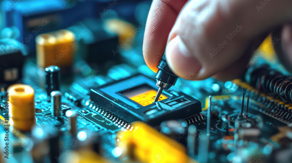 Poster a close-up of a hand delicately working on a circuit board, highlighting intricate components and a 