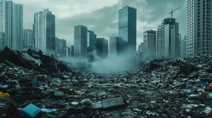 Urban Decay and Environmental Crisis: A Disturbing View of a Trash-Laden Cityscape Surrounded by Skyscrapers in a Deteriorating Urban Environment