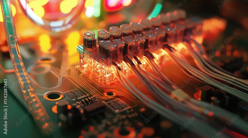 Poster a futuristic microchip prototype with visible transistors, placed on a circuit board with neon-lit c