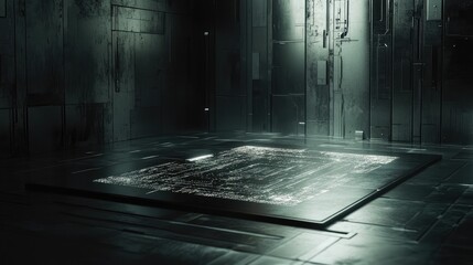 A futuristic microchip prototype displayed on a clean metallic surface, with its circuits glowing faintly under sharp lighting