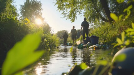 Volunteers Cleaning Riverbank in Nature, Removing Plastic and Trash During Community Cleanup Effort to Protect Environment and Preserve Wildlife Habitat