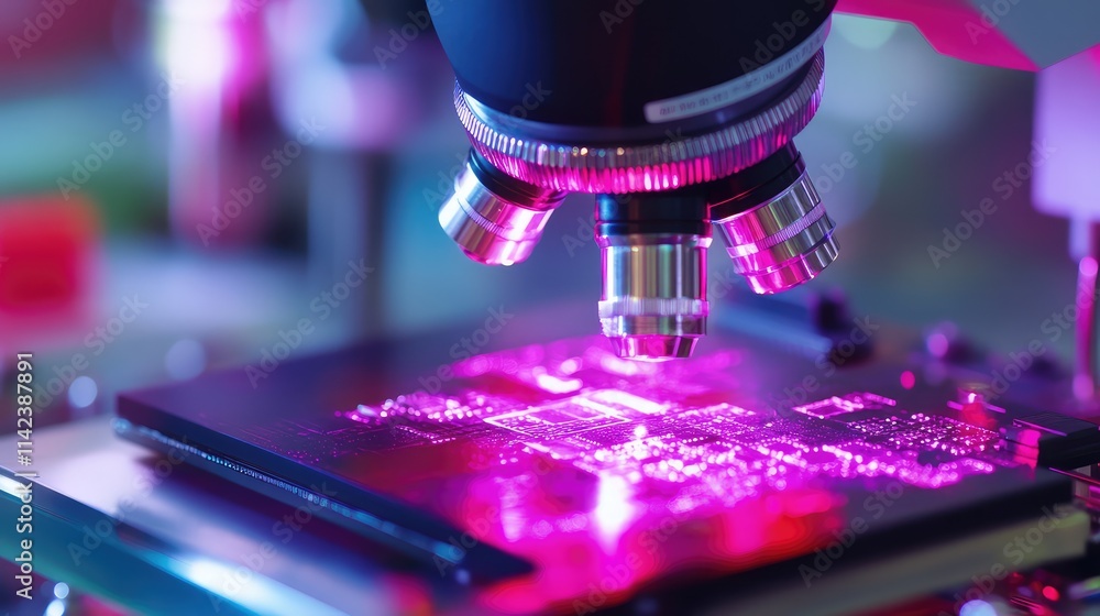 Poster a futuristic microchip under a microscope, with a translucent surface revealing glowing internal com
