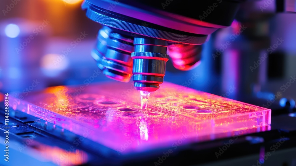 Poster a futuristic microchip under a microscope, with a translucent surface revealing glowing internal com