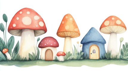 A whimsical illustration of colorful mushrooms with charming houses, set in a lush green environment, perfect for fantasy themes.