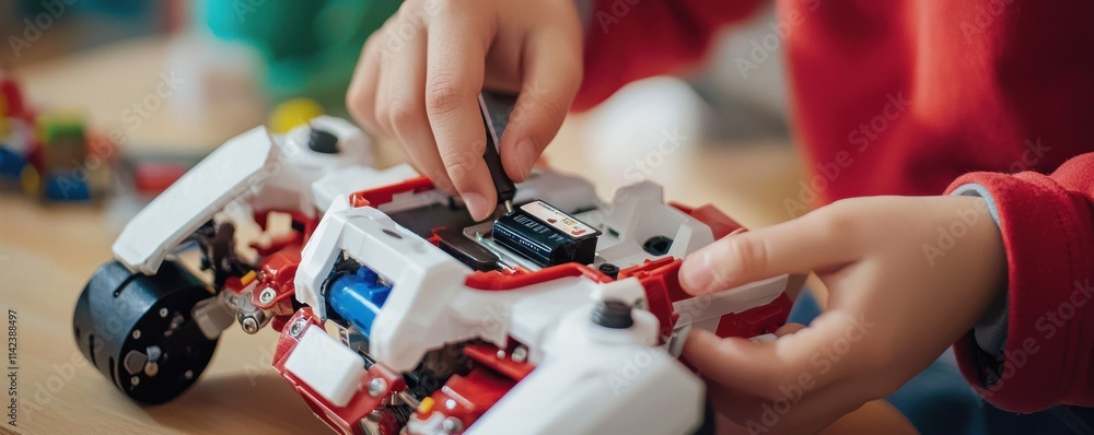 Poster a child is assembling a robotic car, focusing on the internal components and battery, showcasing han