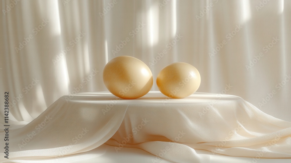 Poster Illuminated golden eggs resting elegantly on a soft fabric surface, surrounded by gentle folds and a serene light, creating a minimalist and luxurious atmosphere.