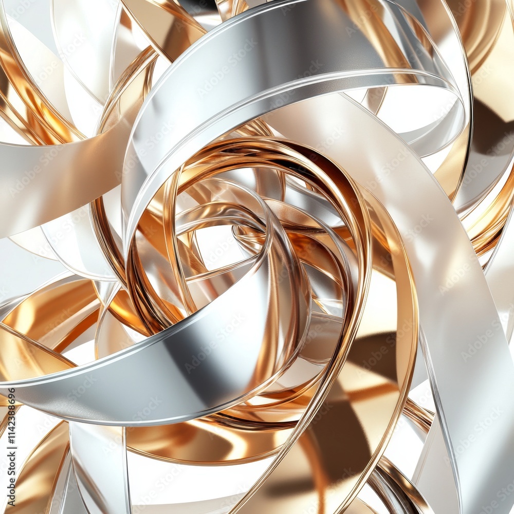 Poster abstract swirl of shiny metallic ribbons, blending gold and silver tones, creating a dynamic and mod