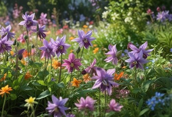 Fototapeta premium Aquilegia flowers swaying gently amidst a bed of lush greenery and colorful wildflowers, blossoms, leafy greens, garden