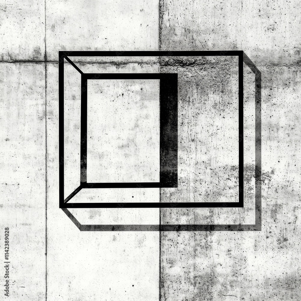 Poster an abstract geometric design featuring a black outline of a cube on a textured gray concrete backgro