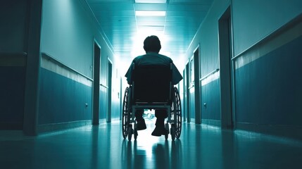 A Solitary Figure in a Wheelchair in a Dimly Lit Hospital Hallway Evokes Feelings of Isolation and Reflection on Vulnerability and Health Challenges