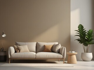 modern minimalist living room interior design, beige and white sofa with wooden furniture, large windows with daylight, potted plant decor, contemporary home style
