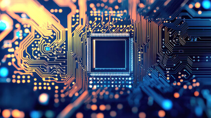 A close-up of a microchip on a circuit board, showcasing intricate lines and colorful lights, symbolizing advanced technology.