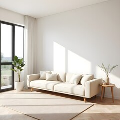 modern minimalist living room interior design, beige and white sofa with wooden furniture, large windows with daylight, potted plant decor, contemporary home style