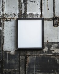 An empty picture frame on a textured industrial wall, perfect for showcasing artwork or photography.