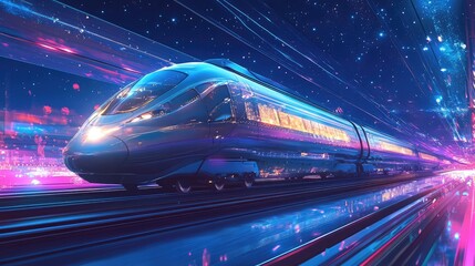 Fototapeta premium A glossy high-speed train zooming past at night, with its illuminated interior and futuristic accents glowing under a starry sky