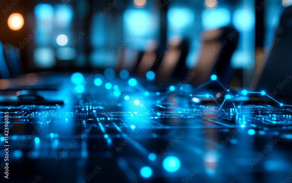 Poster close-up of a futuristic digital circuit board with illuminated connections in a modern office envir