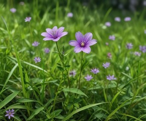 Fototapeta premium Close-up of delicate purple wildflower against lush green grass, botany, macro, colourful, wildflowers