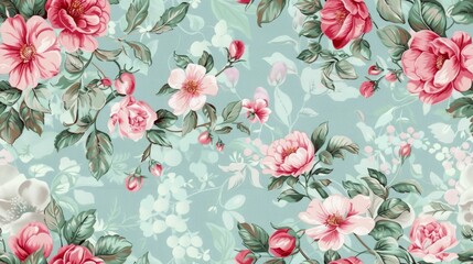Seamless Floral Pattern with Pink Roses and Green Foliage on a Light Blue Background.