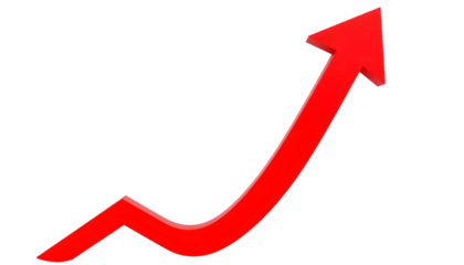 Red upward arrow graph symbolizing growth and progress, isolated on a transparent background, ideal for business, finance, and marketing visuals.
