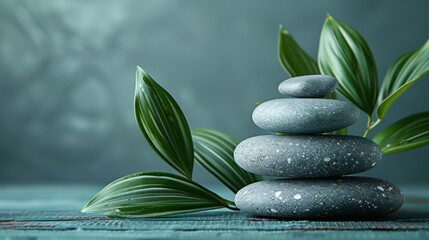 Fototapeta premium Photo of A stack of stones and bamboo leaves on wooden table against light green background with copy space, spa concept for relaxation time, wellness or healthy lifestyle