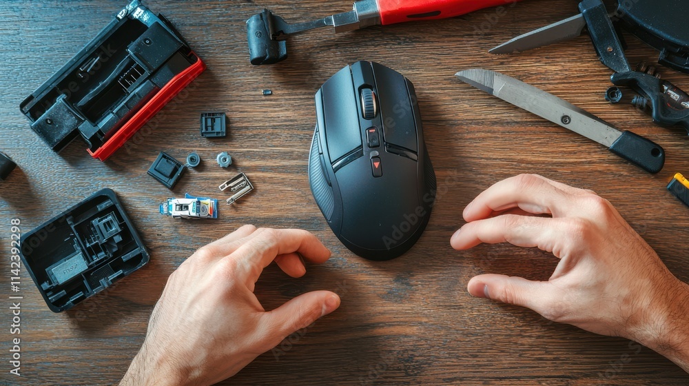 Poster a workspace with a black mouse and various tools scattered on a wooden surface, indicating a tech or