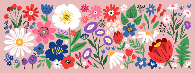 Beautiful flower collection with hand-drawn floral elements. Blossom botanical vector set for decor, easter, sticker, clipart, print