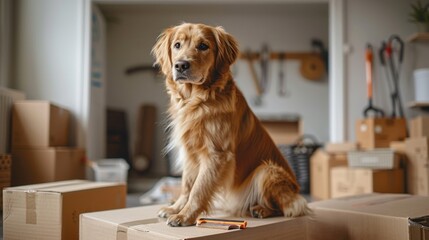 Moving. dog sitting on top of moving boxes in empty room, ready to start move with its owner. white background and features pet surrounded by various cardboard boxes, tools for moving hanging nearby.