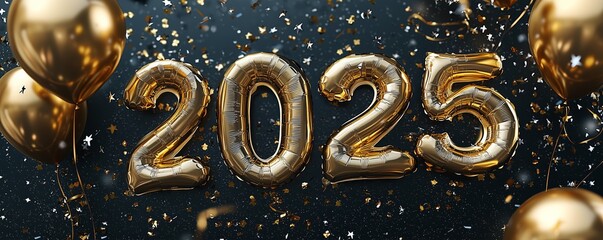 Celebrate the New Year 2025 with Golden Balloons and Festive Decorations in a Sparkling Atmosphere