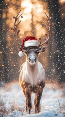 Majestic Reindeer with Santa Hat Standing Gracefully in a Snowy Landscape Surrounded by Soft Falling Snowflakes and a Warm Winter Glow