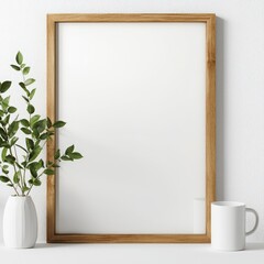 Empty wooden frame, plant and mug on a clean surface, white isolated background.